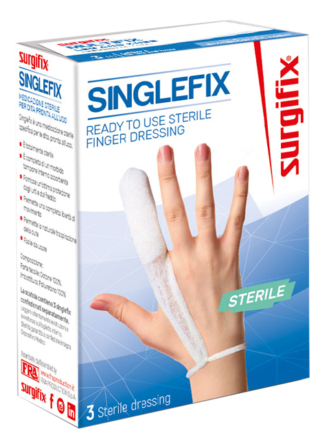 MEDICAZIONE STERILE PER DITO SINGLEFIX, COSTITUITA DA UNA GUAINA IN COTONE E DA UN'IMBOTTITURA INTERNA ASSORBENTE. SI APPLICA DIRETTAMENTE SULLA FERITA E SI FISSA AL POLSO - Farmacia Murachelli Di Putelli dr. Giovanni