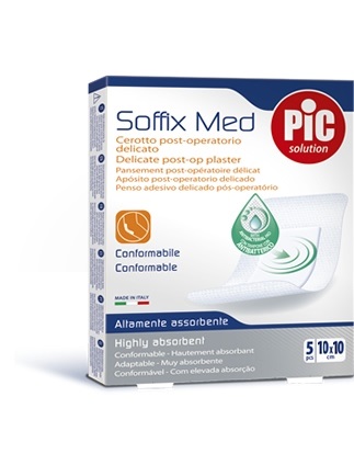 CEROTTO PIC SOFFIX MED IN TNT CON TAMPONE CENTRALE ASSORBENTE STERILE MONOUSO 10X10 CM ANTIBATTERICO 5 PEZZI - Farmacia Murachelli Di Putelli dr. Giovanni