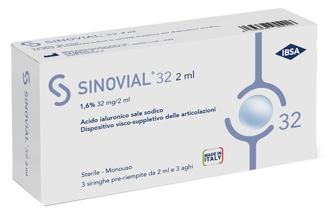 SIRINGA INTRA-ARTICOLARE SINOVIAL 32 ACIDO IALURONICO SALE SODICO 1,6% 32MG/2ML 3 SIRINGHE X 2ML + 3 AGHI - Farmacia Murachelli Di Putelli dr. Giovanni