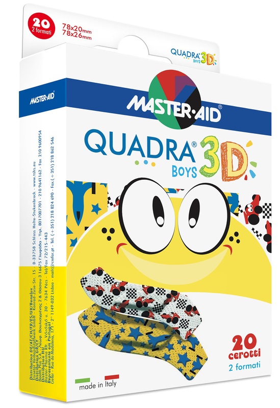 CEROTTO MASTER-AID QUADRA 3D BOYS 20 PEZZI ASSORTITI - Farmacia Murachelli Di Putelli dr. Giovanni