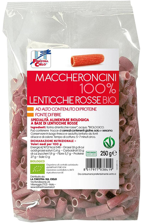 LA FINESTRA SUL CIELO MACCHERONCINI LENTICCHE ROSSE BIO 250 G - Farmacia Murachelli Di Putelli dr. Giovanni