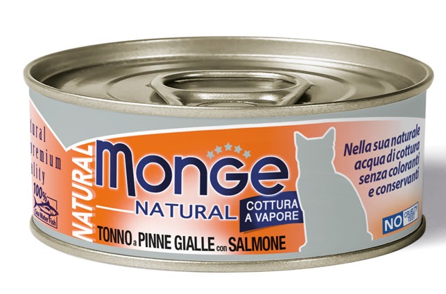MONGE NATURAL QUALITY GATTO MONGE NATURAL TONNO PINNA GIALLA CON SALMONE 80 G - Farmacia Murachelli Di Putelli dr. Giovanni