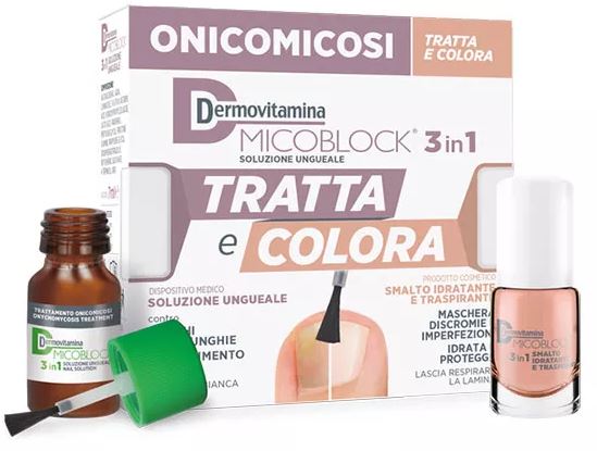 DERMOVITAMINA MICOBLOCK 3 IN 1 TRATTA E COLORA SOLUZIONE UNGUEALE 7 ML + SMALTO IDRATANTE TRASPIRANTE 5 ML - Farmacia Murachelli Di Putelli dr. Giovanni