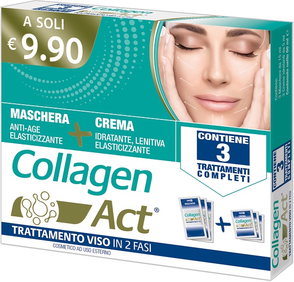 COLLAGEN ACT TRATTAMENTO VISO 2 FASI MASCHERA ANTI AGE ELASTICIZZANTE 3 PEZZI DA 15 ML + CREMA IDRATANTE LENITIVA ELASTICIZZANTE 3 PEZZI DA 5 ML - Farmacia Murachelli Di Putelli dr. Giovanni