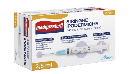 SIRINGA IPODERMICA MEDIPRESTERIL AGO 23 GAUGE 1 1/4 0,6X30MM 2,5 ML 10 PEZZI - Farmacia Murachelli Di Putelli dr. Giovanni