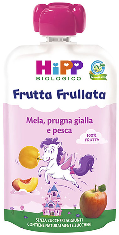 HIPP BIO FRUTTA FRULLATA UNICORNO MELA PRUGNA GIALLA PESCA 90 G - Farmacia Murachelli Di Putelli dr. Giovanni