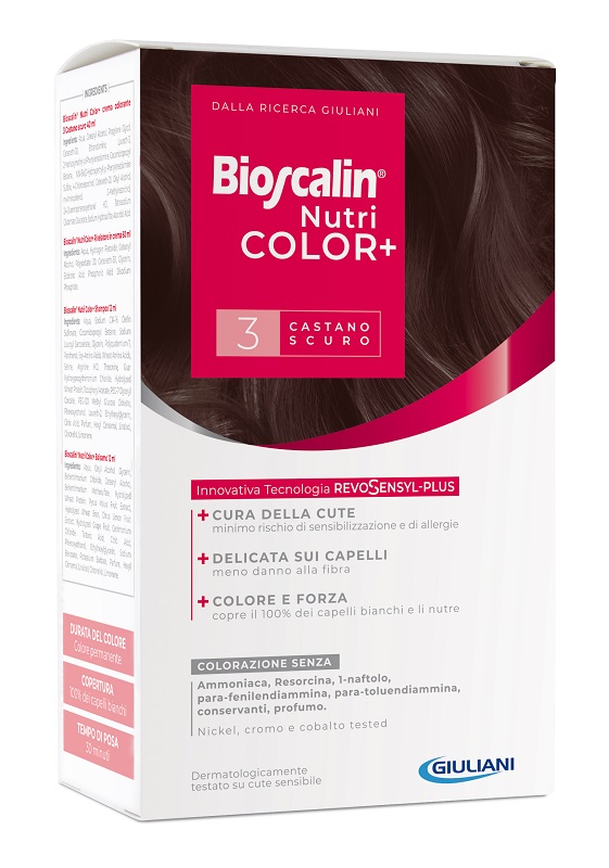 BIOSCALIN NUTRICOLOR PLUS 3 CASTANO SCURO CREMA COLORANTE 40 ML + RIVELATORE CREMA 60 ML + SHAMPOO 12 ML + TRATTAMENTO FINALE BALSAMO 12 ML - Farmacia Murachelli Di Putelli dr. Giovanni
