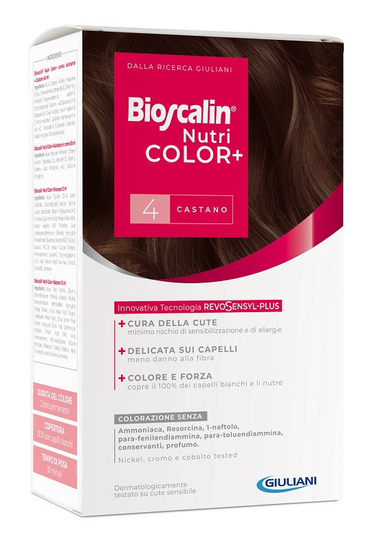 BIOSCALIN NUTRICOLOR PLUS 4 CASTANO CREMA COLORANTE 40 ML + RIVELATORE CREMA 60 ML + SHAMPOO 12 ML + TRATTAMENTO FINALE BALSAMO 12 ML - Farmacia Murachelli Di Putelli dr. Giovanni