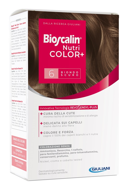BIOSCALIN NUTRICOLOR PLUS 6 BIONDO SCURO CREMA COLORANTE 40 ML + RIVELATORE CREMA 60 ML + SHAMPOO 12 ML + TRATTAMENTO FINALE BALSAMO 12 ML - Farmacia Murachelli Di Putelli dr. Giovanni
