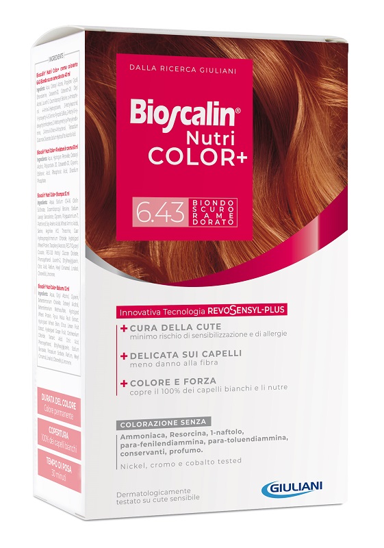 BIOSCALIN NUTRICOLOR PLUS 6,43 BIONDO SCURO RAME DORATO CREMA COLORANTE 40 ML + RIVELATORE CREMA 60 ML + SHAMPOO 12 ML + TRATTAMENTO FINALE BALSAMO 12 ML - Farmacia Murachelli Di Putelli dr. Giovanni