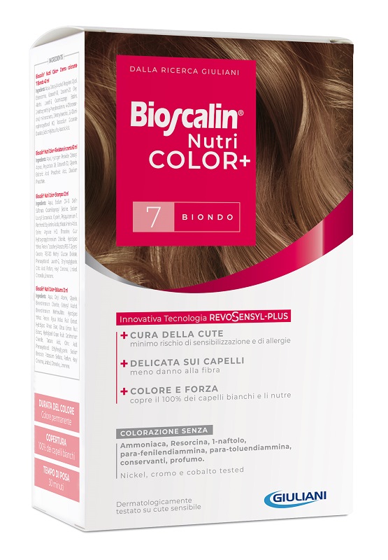 BIOSCALIN NUTRICOLOR PLUS 7 BIONDO CREMA COLORANTE 40 ML + RIVELATORE CREMA 60 ML + SHAMPOO 12 ML + TRATTAMENTO FINALE BALSAMO 12 ML - Farmacia Murachelli Di Putelli dr. Giovanni