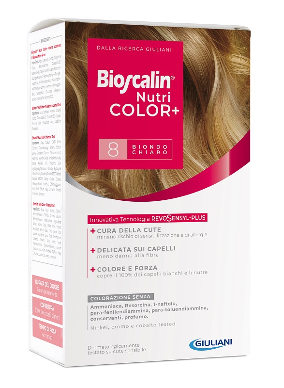 BIOSCALIN NUTRICOLOR PLUS 8 BIONDO CHIARO CREMA COLORANTE 40 ML + RIVELATORE CREMA 60 ML + SHAMPOO 12 ML + TRATTAMENTO FINALE BALSAMO 12 ML - Farmacia Murachelli Di Putelli dr. Giovanni