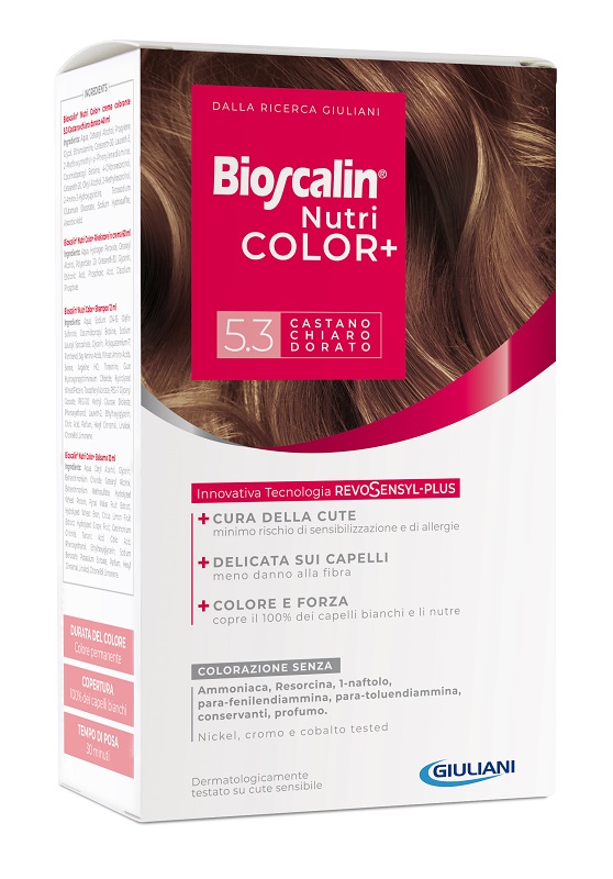 BIOSCALIN NUTRICOLOR PLUS 5,3 CASTANO CHIARO DORATO CREMA COLORANTE 40 ML + RIVELATORE CREMA 60 ML + SHAMPOO 12 ML + TRATTAMENTO FINALE BALSAMO 12 ML - Farmacia Murachelli Di Putelli dr. Giovanni