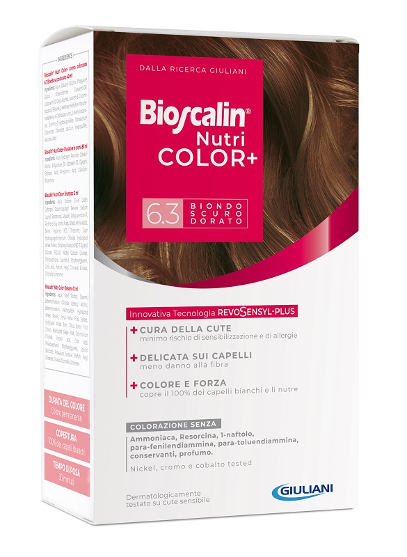 BIOSCALIN NUTRICOLOR PLUS 6,3 BIONDO SCURO DORATO CREMA COLORANTE 40 ML + RIVELATORE CREMA 60 ML + SHAMPOO 12 ML + TRATTAMENTO FINALE BALSAMO 12 ML - Farmacia Murachelli Di Putelli dr. Giovanni