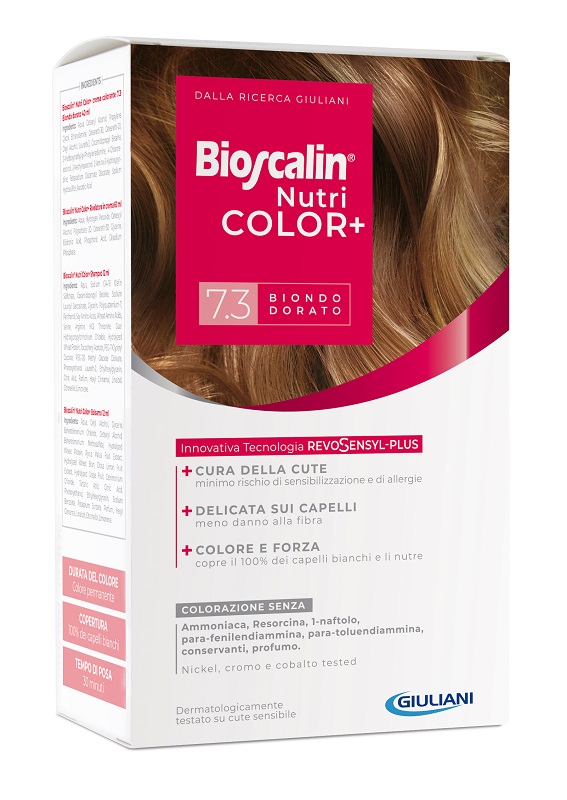 BIOSCALIN NUTRICOLOR PLUS 7,3 BIONDO DORATO CREMA COLORANTE 40 ML + RIVELATORE CREMA 60 ML + SHAMPOO 12 ML + TRATTAMENTO FINALE BALSAMO 12 ML - Farmacia Murachelli Di Putelli dr. Giovanni