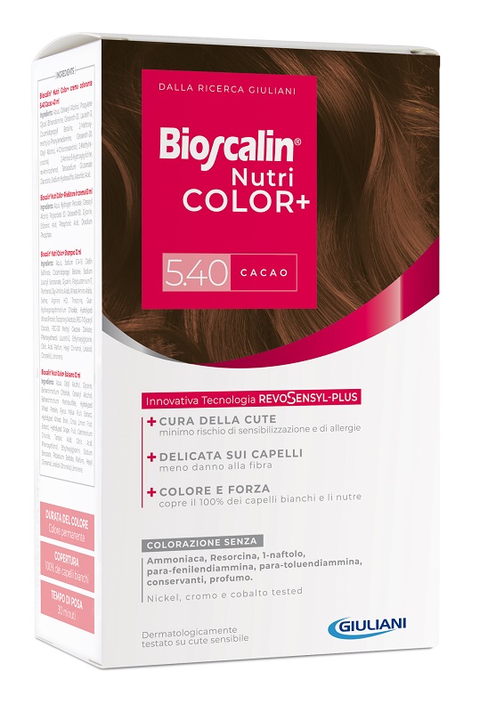 BIOSCALIN NUTRICOLOR PLUS 5,40 CACAO CREMA COLORANTE 40 ML + RIVELATORE CREMA 60 ML + SHAMPOO 12 ML + TRATTAMENTO FINALE BALSAMO 12 ML - Farmacia Murachelli Di Putelli dr. Giovanni
