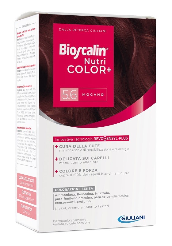 BIOSCALIN NUTRICOLOR PLUS 5,6 MOGANO CREMA COLORANTE 40 ML + RIVELATORE CREMA 60 ML + SHAMPOO 12 ML + TRATTAMENTO FINALE BALSAMO 12 ML - Farmacia Murachelli Di Putelli dr. Giovanni