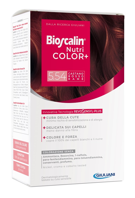 BIOSCALIN NUTRICOLOR PLUS 5,54 CASTANO ROSSO RAME CREMA COLORANTE 40 ML + RIVELATORE CREMA 60 ML + SHAMPOO 12 ML + TRATTAMENTO FINALE BALSAMO 12 ML - Farmacia Murachelli Di Putelli dr. Giovanni