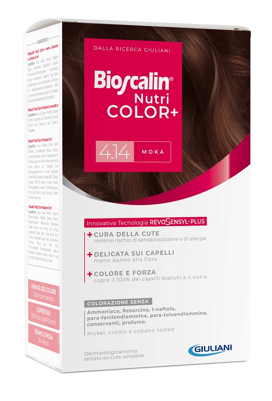 BIOSCALIN NUTRICOLOR PLUS 4,14 MOKA CREMA COLORANTE 40 ML + RIVELATORE CREMA 60 ML + SHAMPOO 12 ML + TRATTAMENTO FINALE BALSAMO 12 ML - Farmacia Murachelli Di Putelli dr. Giovanni