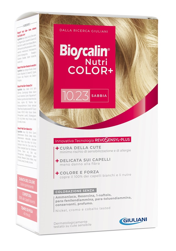 BIOSCALIN NUTRICOLOR PLUS 10,23 SABBIA CREMA COLORANTE 40 ML + RIVELATORE CREMA 60 ML + SHAMPOO 12 ML + TRATTAMENTO FINALE BALSAMO 12 ML - Farmacia Murachelli Di Putelli dr. Giovanni
