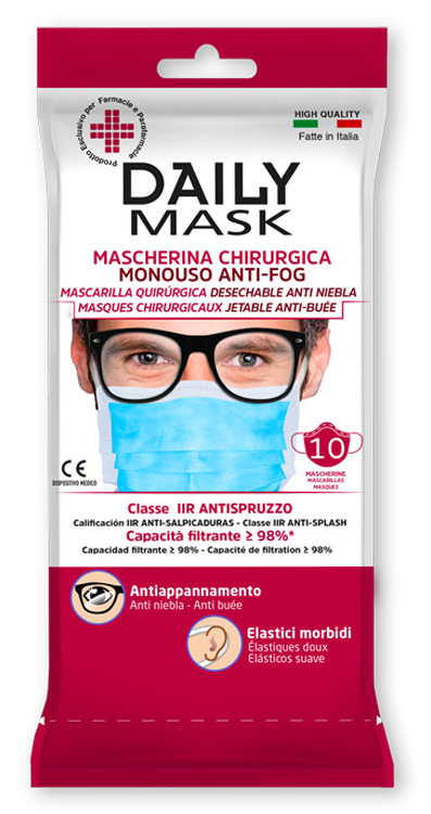 MASCHERINA CHIRURGICA MONOUSO ANTI-FOG DAILY MASK TIPO IIR TRE TNT STRATI ANTISPRUZZO 10 PEZZI - Farmacia Murachelli Di Putelli dr. Giovanni