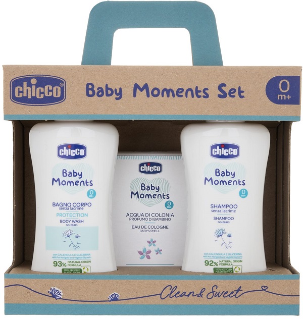 CHICCO BABY MOMENTS SET BAGNOSCHIUMA PELLI DELICATE 200 ML + SHAMPOO PELLI DELICATE 200 ML + ACQUA DI COLONIA BABY SMELL PELLI DELICATE 100 ML - Farmacia Murachelli Di Putelli dr. Giovanni