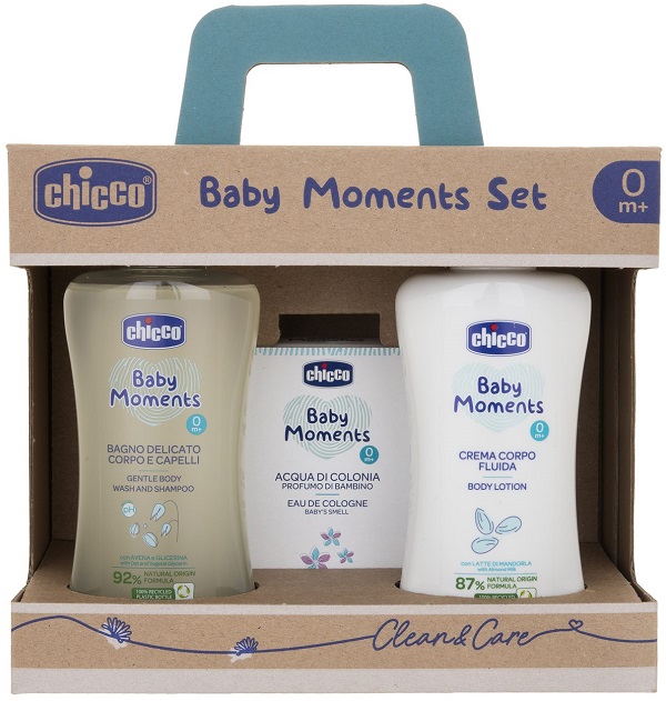 CHICCO BABY MOMENTS SET BAGNO DELICATO CORPO-CAPELLI PELLI DELICATE 200 ML + CREMA CORPO PELLI DELICATE 200 ML + ACQUA DI COLONIA BABY SMELL PELLI DELICATE 100 ML - Farmacia Murachelli Di Putelli dr. Giovanni