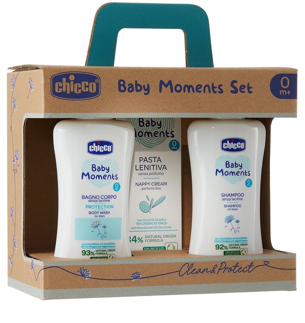 CHICCO BABY MOMENTS SET BAGNOCHIUMA PELLI DELICATE 200 ML + SHAMPOO PELLI DELICATE 200 ML + PASTA CAMBIO PELLI DELICATE 100 ML - Farmacia Murachelli Di Putelli dr. Giovanni