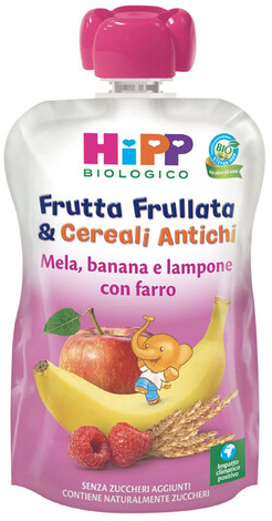 HIPP BIO FRUTTA FRULLATA&CEREALI ANTICHI MELA BANANA LAMPONE FARRO 90 G - Farmacia Murachelli Di Putelli dr. Giovanni