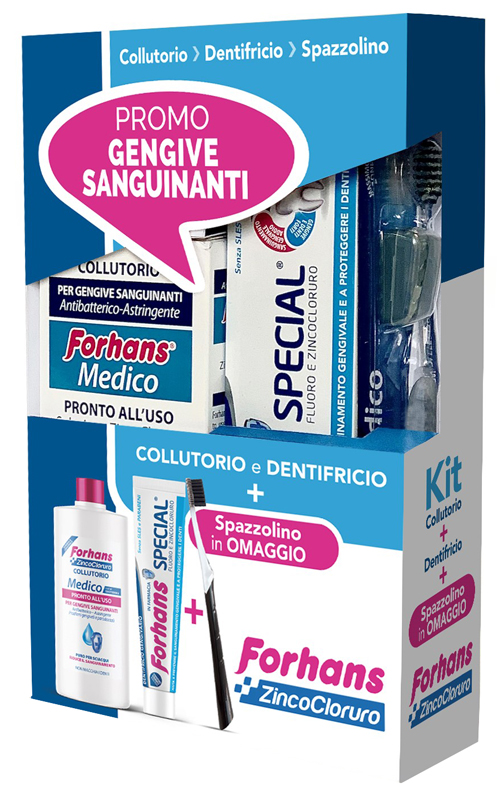 FORHANS KIT GENGIVE SANGUINANTI 1 FORHANS COLLUTORIO MEDICO 250 ML + 1 FORHANS DENTIFRICIO SPECIAL 75 ML + 1 FORHANS SPAZZOLINO MEDICO IN OMAGGIO - Farmacia Murachelli Di Putelli dr. Giovanni