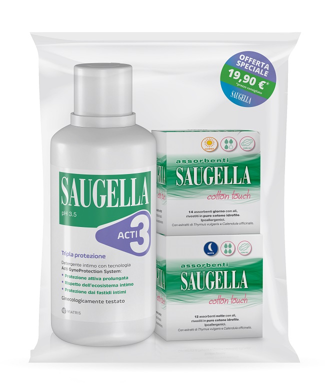 SAUGELLA ACTI3 DETERGENTE INTIMO + 2 SCATOLE ASSORBENTI GIORNO E NOTTE - Farmacia Murachelli Di Putelli dr. Giovanni