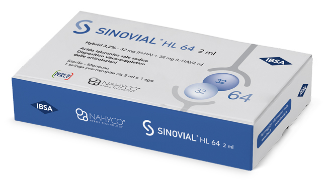 SIRINGA INTRA-ARTICOLARE SINOVIAL HL 64 ACIDO IALURONICO SALE SODICO 3,2% 32MG H-HA + 32MG H-LA/2ML 2 ML - Farmacia Murachelli Di Putelli dr. Giovanni