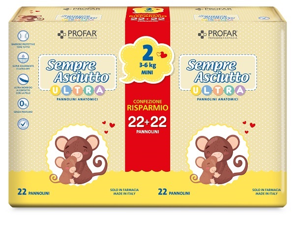 PANNOLINI PROFAR SEMPRE ASCIUTTO ULTRA MINI 3/6 KG BIPACCO 22+22 PEZZI - Farmacia Murachelli Di Putelli dr. Giovanni