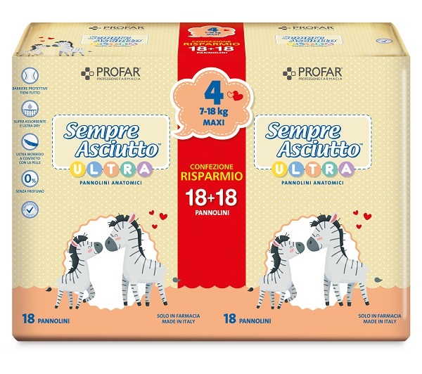 PANNOLINI PROFAR SEMPRE ASCIUTTO ULTRA MAXI 7/18 KG BIPACCO 18+18 PEZZI - Farmacia Murachelli Di Putelli dr. Giovanni