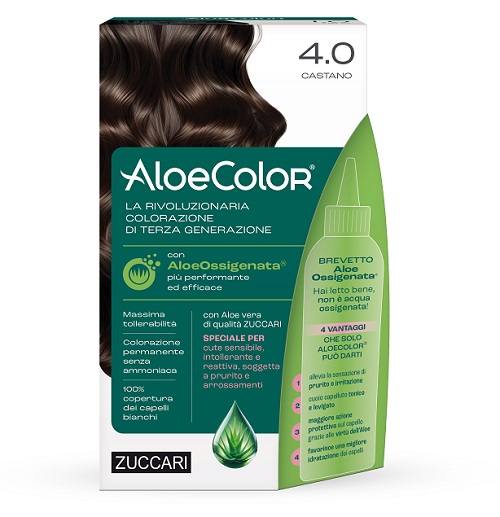 ALOECOLOR 4,0 CASTANO TINTA PERMANENTE CAPELLI COLORE AD ALTA PIGMENTAZIONE 50 ML + RIVELATORE ALOEOSSIGENATA 75 ML + SHAMPOO ALOECARE 15 ML + GUANTI - Farmacia Murachelli Di Putelli dr. Giovanni