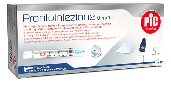 PRONTOINIEZIONE ULTRAFIN KIT SIRINGA STERILE 5 ML GAUGE 23 10 PEZZI + TAMPONCINO ASSORBENTE MONOUSO + APRIFIALA - Farmacia Murachelli Di Putelli dr. Giovanni